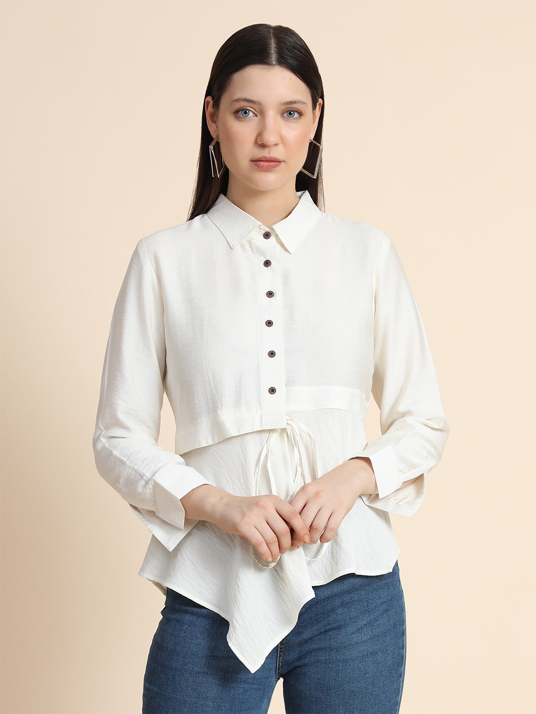 

BAESD Shirt Collar Cuffed Sleeves High Low & Tie-Ups Detail Shirt Style Top, White