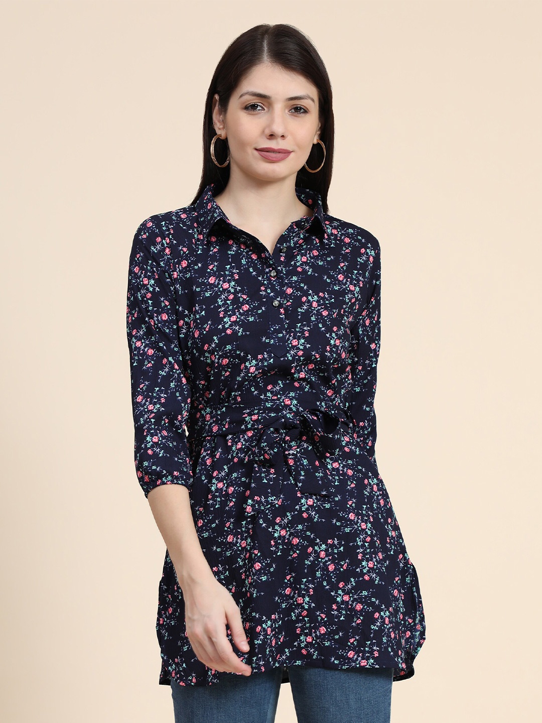 

BAESD Floral Printed Shirt Collar Tie Ups Detail Tunic, Navy blue