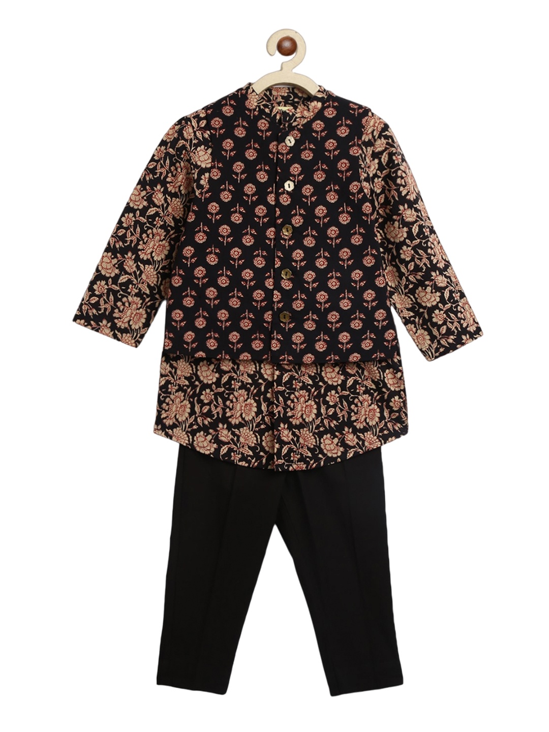 

Tiber Taber Boys Ethnic Motifs Printed Pure Cotton Kurta With Trousers & With Jacket, Black