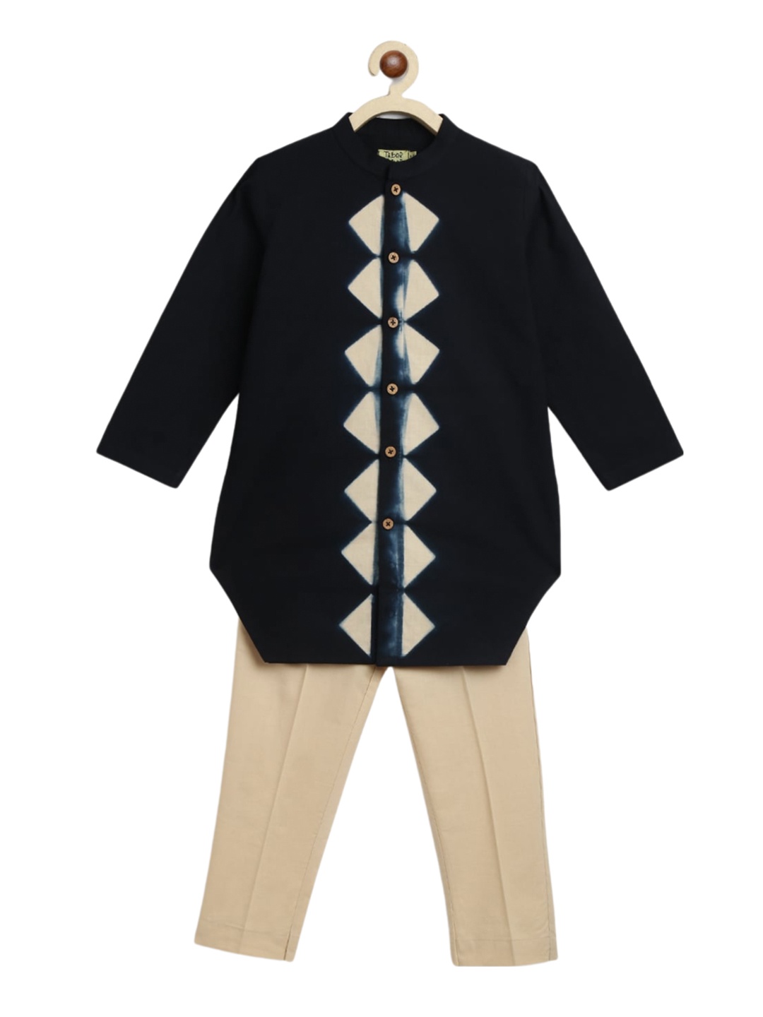 

Tiber Taber Boys Tie & Dye Band Collar Straight Pure Cotton Kurta With Trousers, Navy blue