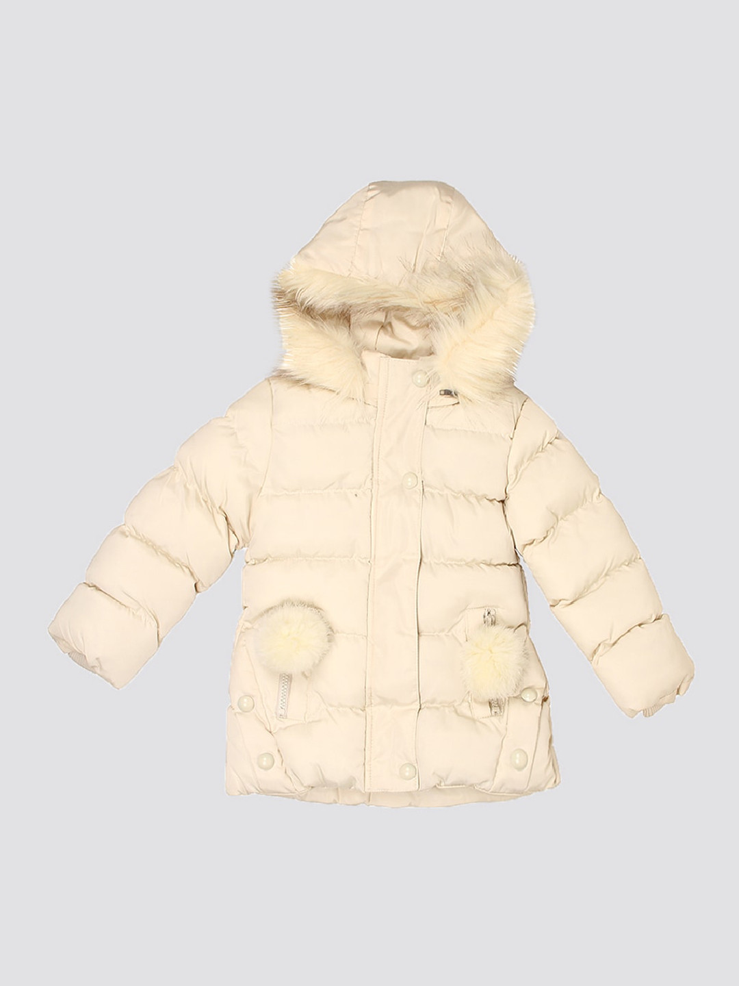 

mothercare Girls Puffer Hooded Jacket with Faux Fur Trim, Cream