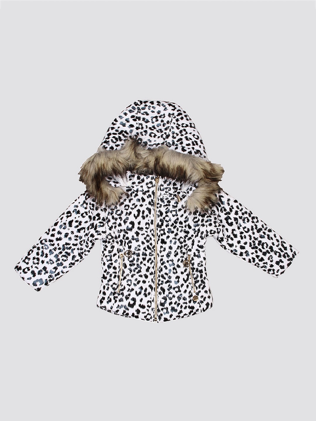 

mothercare Girls Animal Printed Faux Fur Trim Hooded Puffer Jacket, White