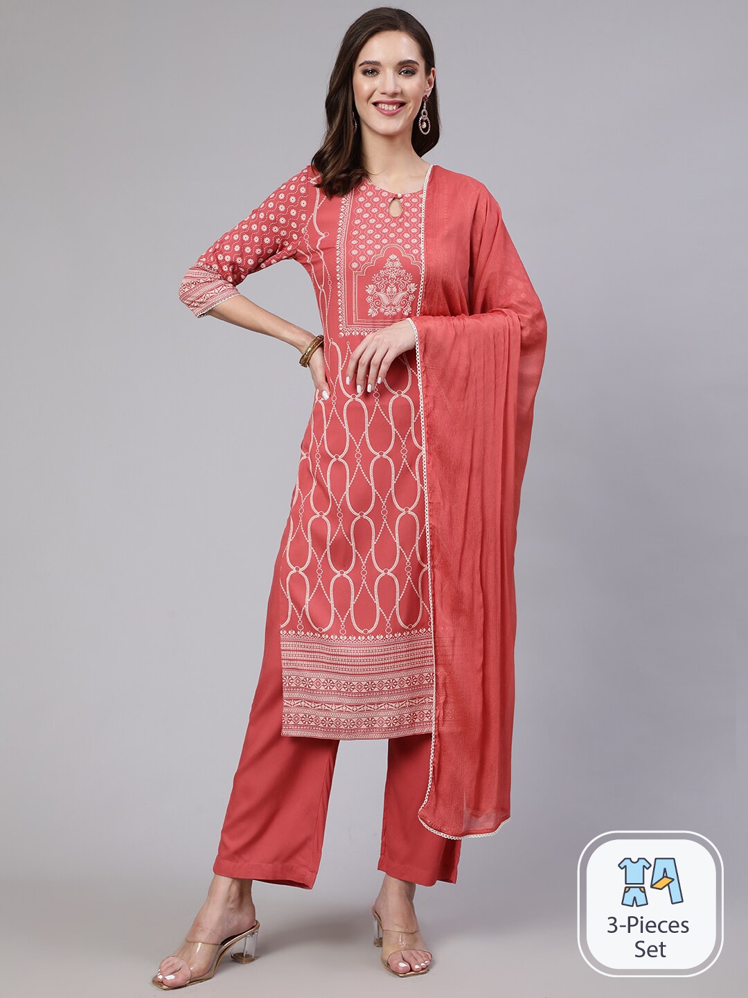 

Jaipur Kurti Ethnic Motifs Printed Kurta With Palazzos & Dupatta, Peach