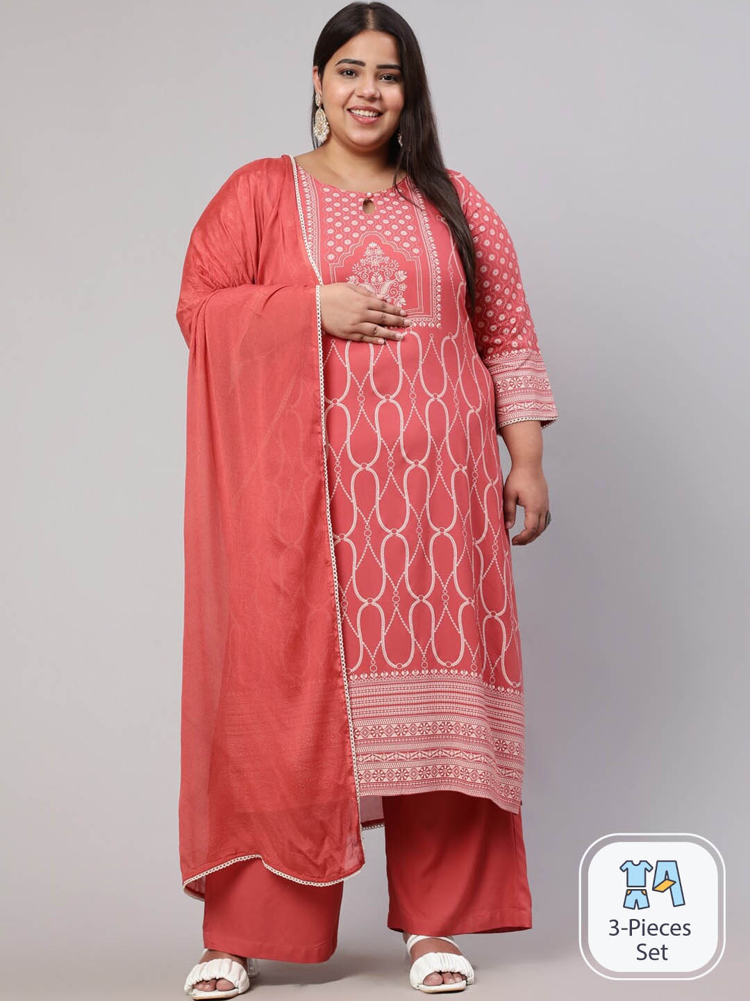 

Jaipur Kurti Plus Size Ethnic Motifs Printed Kurta With Palazzos & Dupatta, Peach