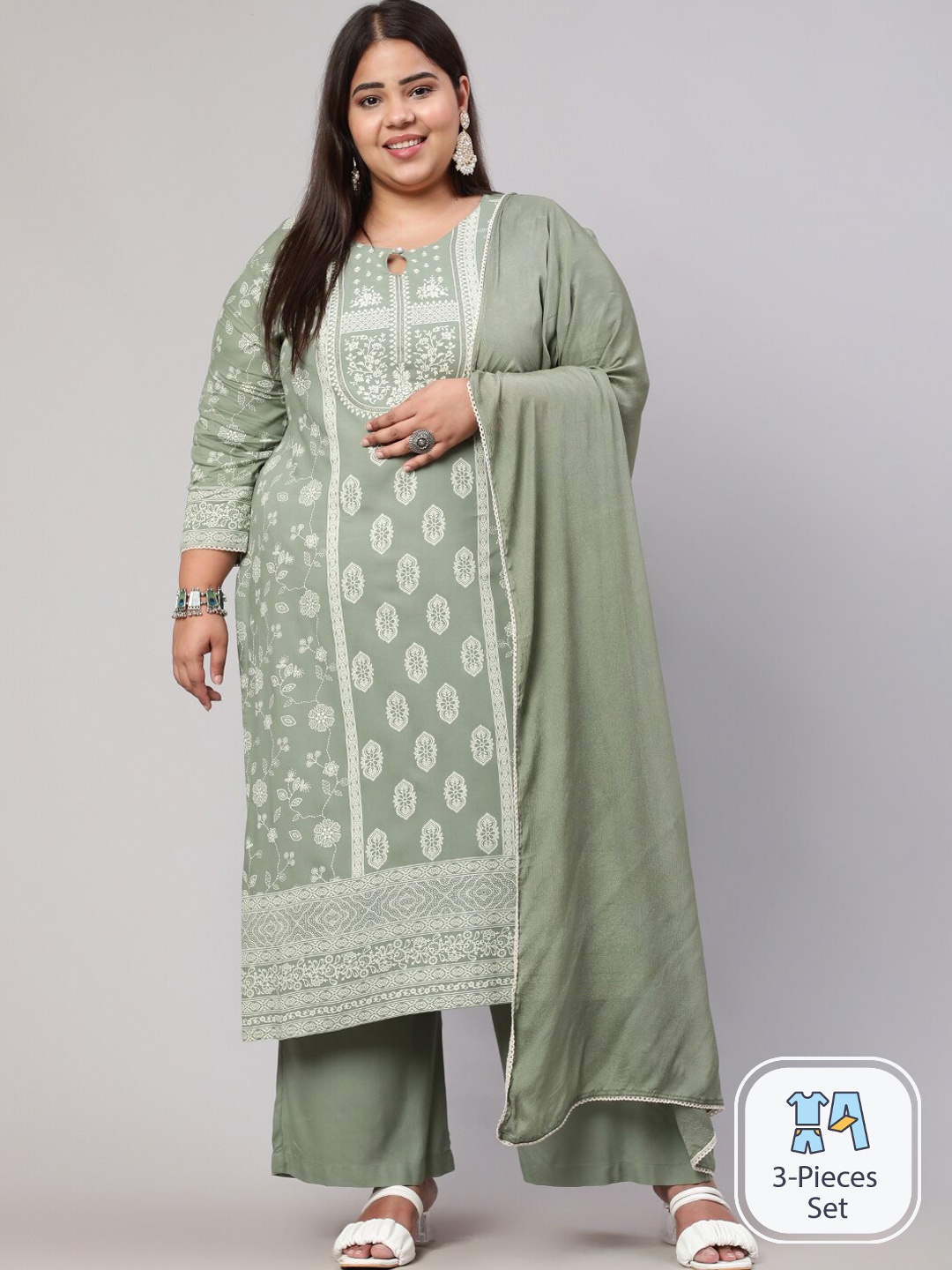 

Jaipur Kurti Plus Size Ethnic Motifs Printed Kurta With Palazzos & Dupatta, Olive