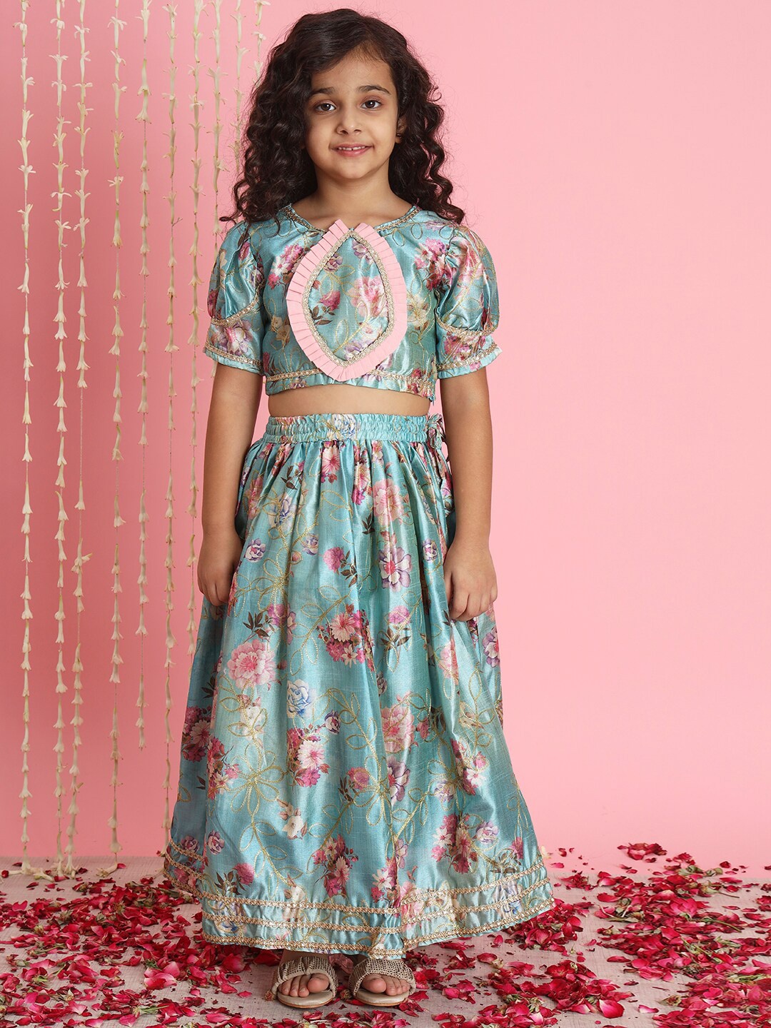 

Readiprint Fashions Girls Floral Printed Gotta Patti Ready to Wear Lehenga & Blouse, Blue