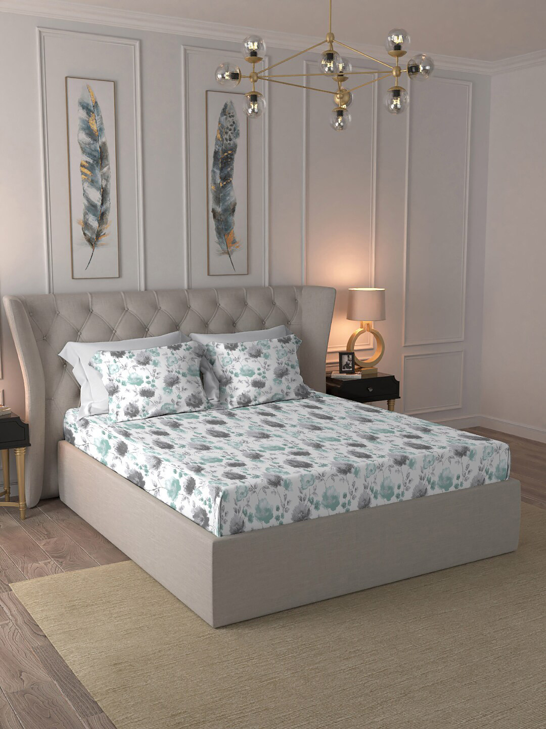 

MYTRIDENT Nectarsoft White Green Pure Cotton 400 TC King Bedsheet with 4 Pillow Covers