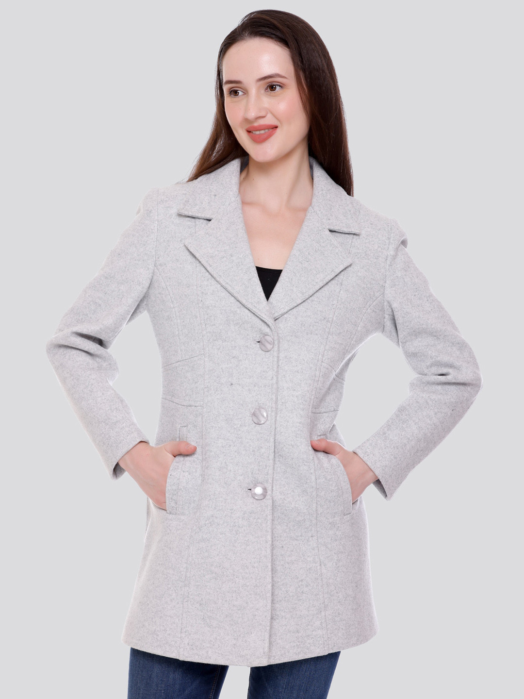 

C-Aerin Notched Lapel Buttoned Overcoat, Grey