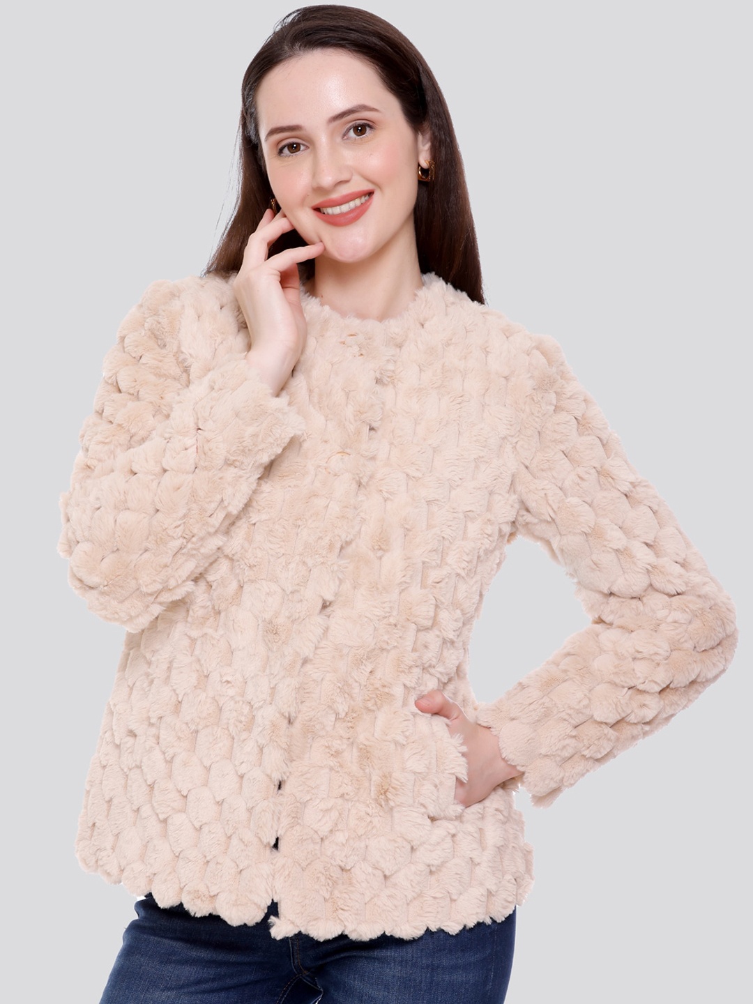 

C-Aerin Self Design Winter Casual Overcoat, Peach