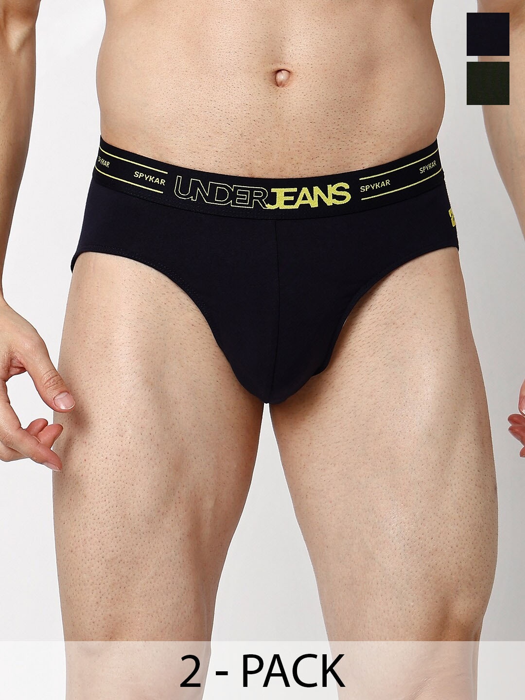 

UnderJeans by Spykar Pack Of 2 Mid-Rise Basic Briefs UJNTPBC005NAVYOLIVE, Navy blue
