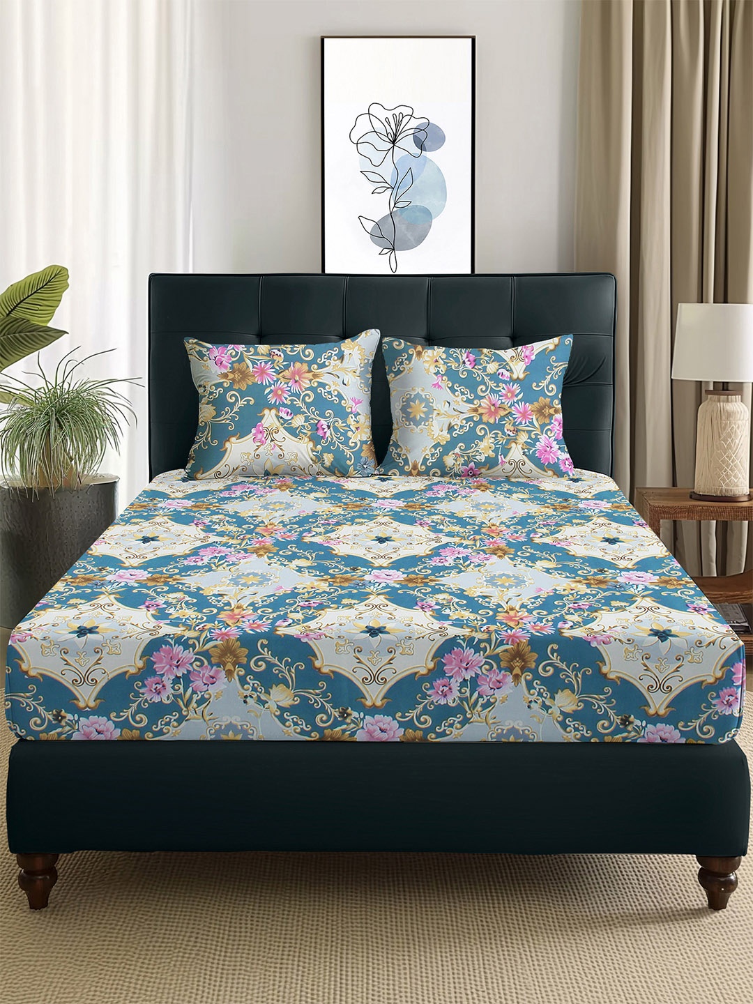 

Story@home Arena Grey & Yellow Printed 180 TC Queen Bedsheet with 2 Pillow Covers