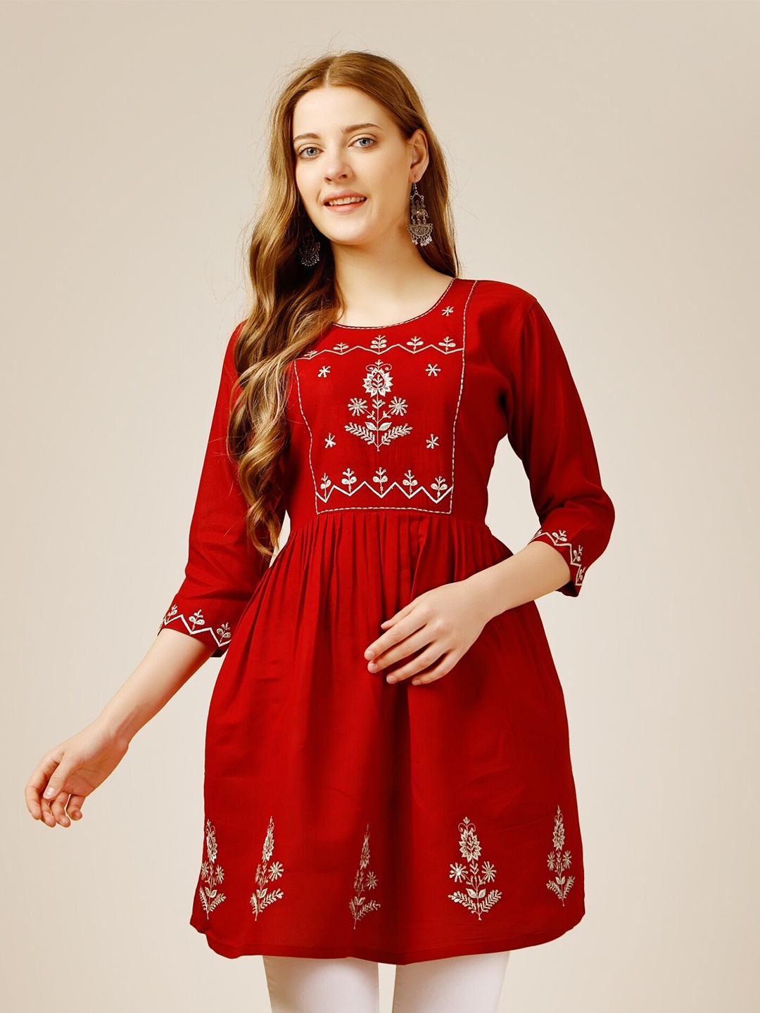 

Vaidehi Fashion Embroidered Work Three-Quarter Sleeves Tunic, Red