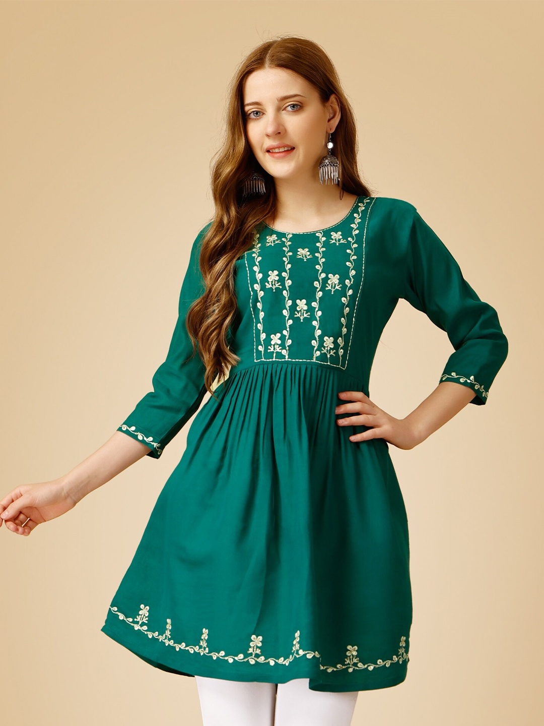 

Vaidehi Fashion Embroidered Work Three-Quarter Sleeves Tunic, Teal