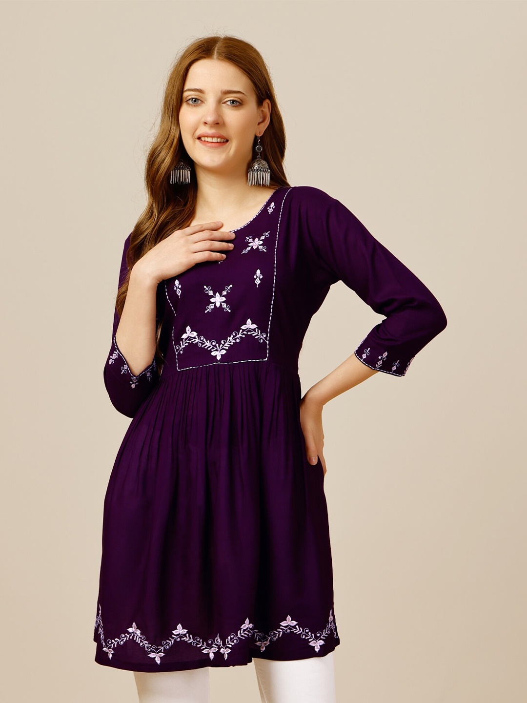 

Vaidehi Fashion Embroidered Work Three-Quarter Sleeves Tunic, Purple