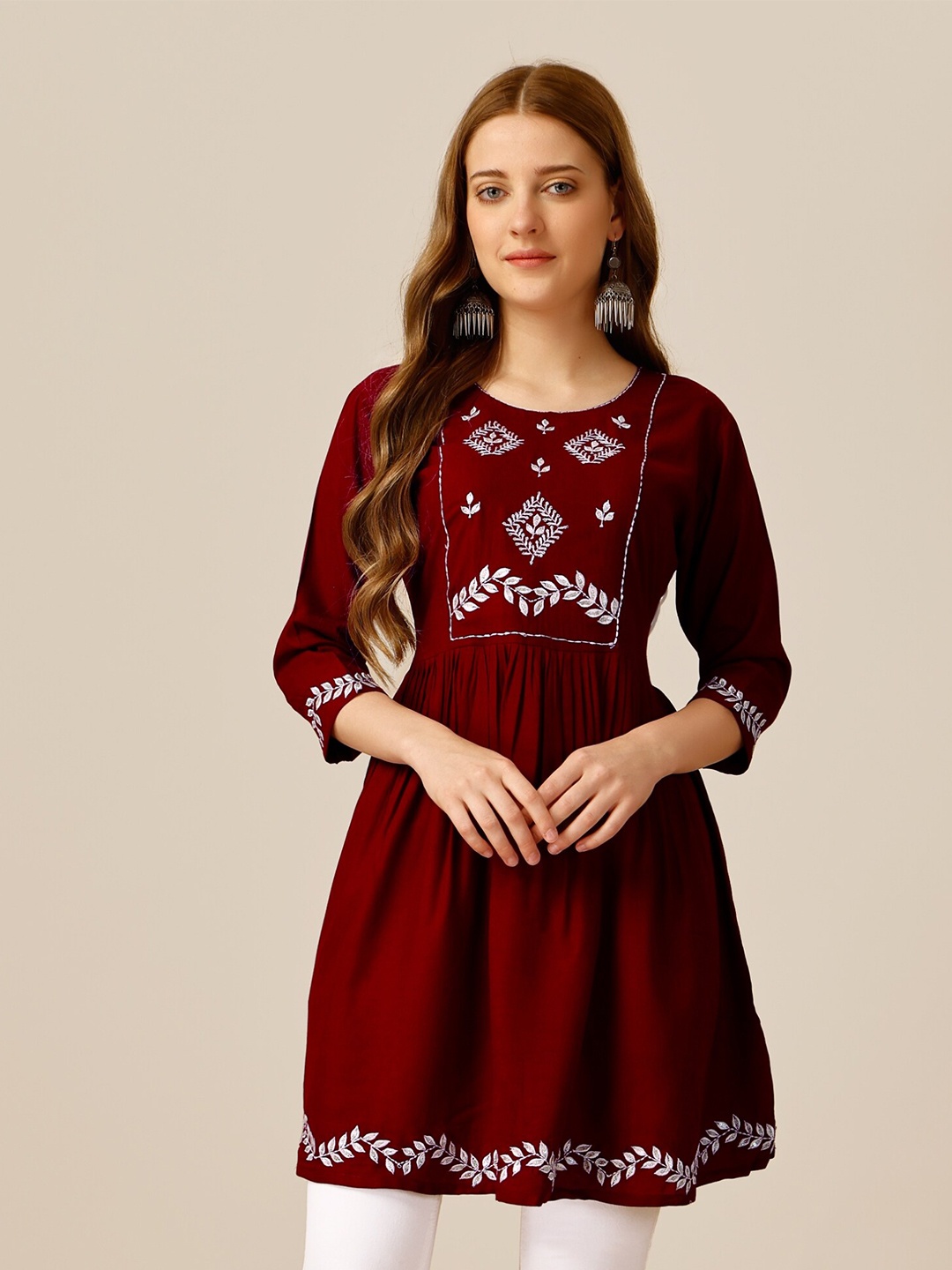 

Vaidehi Fashion Embroidered Work Three-Quarter Sleeves Tunic, Maroon