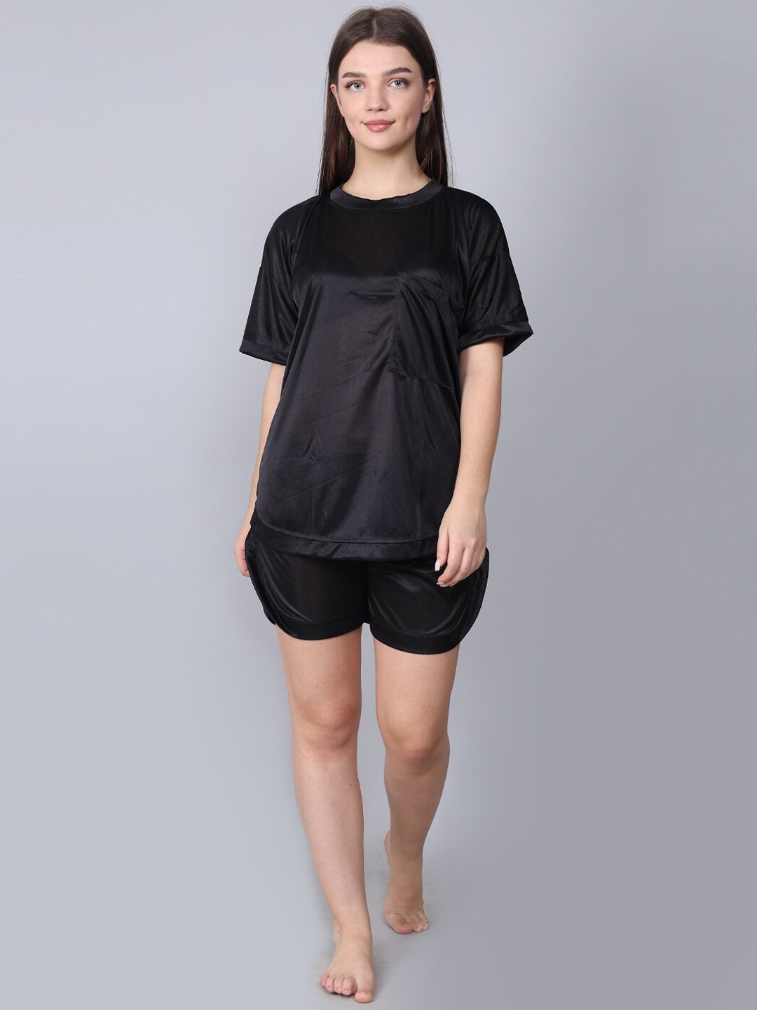 

XPIOX Round Neck Satin Night suit, Black