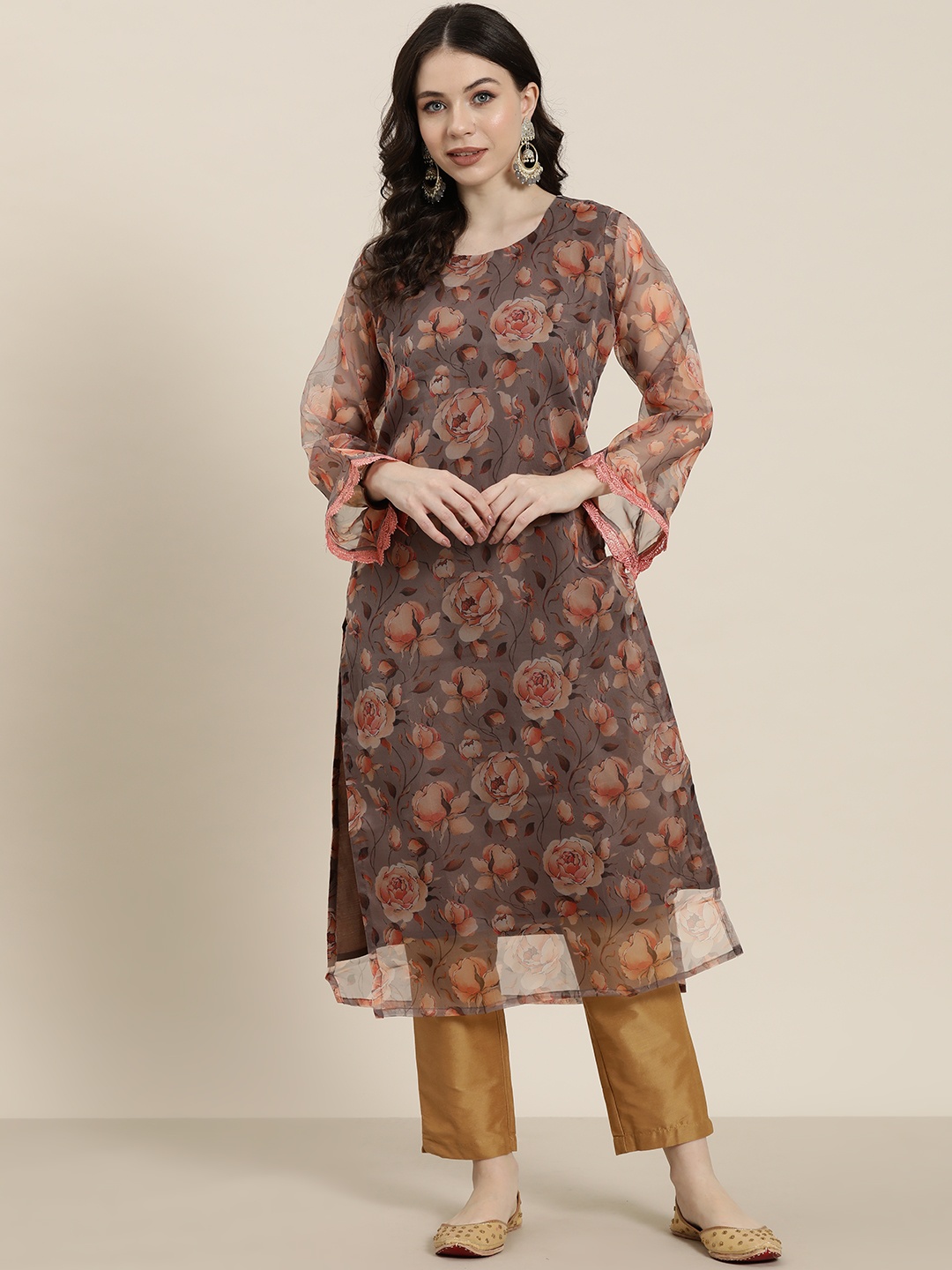 

Tikhi Imli Floral Printed Flared Sleeves Organza Kurta, Grey