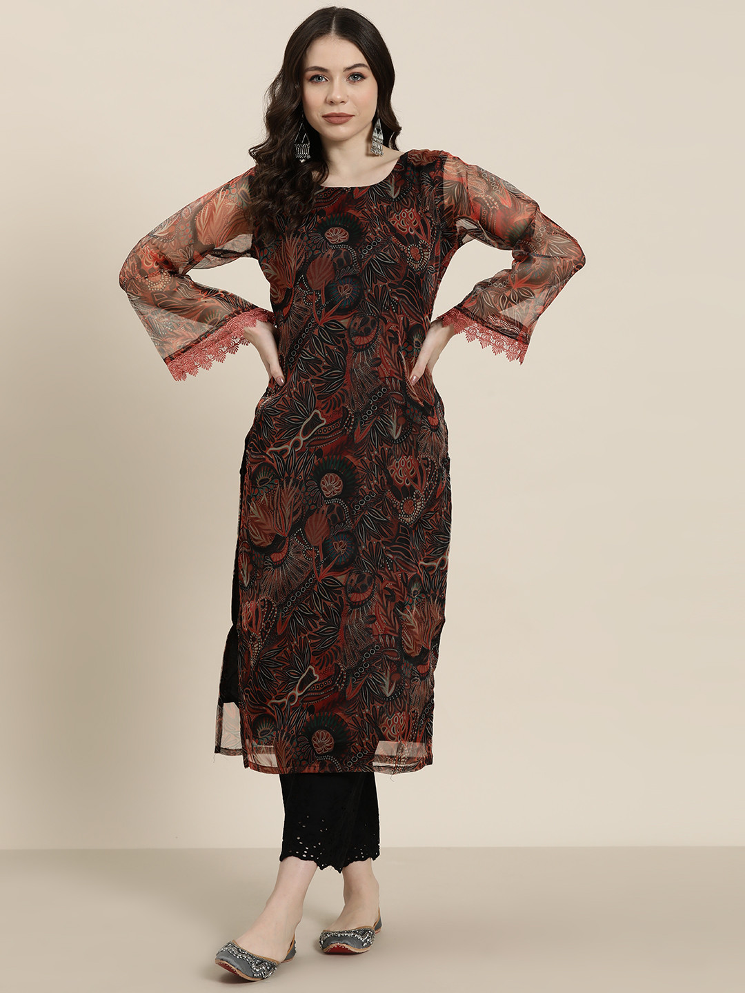 

Tikhi Imli Women Ethnic Motifs Printed Flared Sleeves Kurta, Black