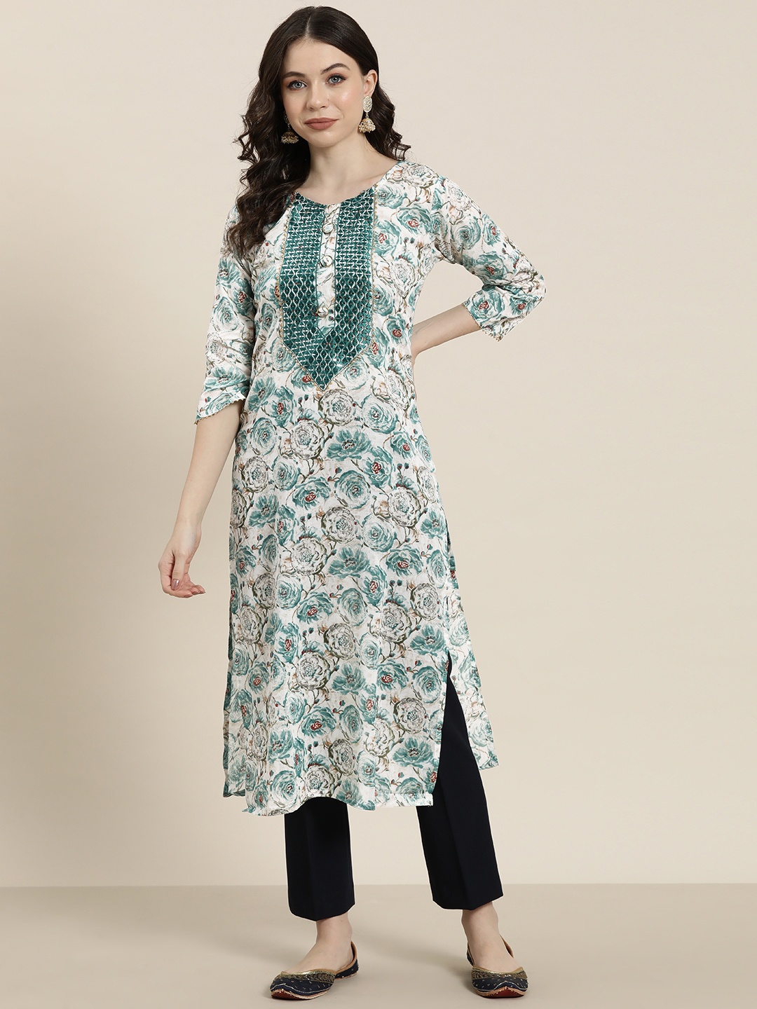 

Tikhi Imli Women Floral Printed Thread Work Kurta, Off white