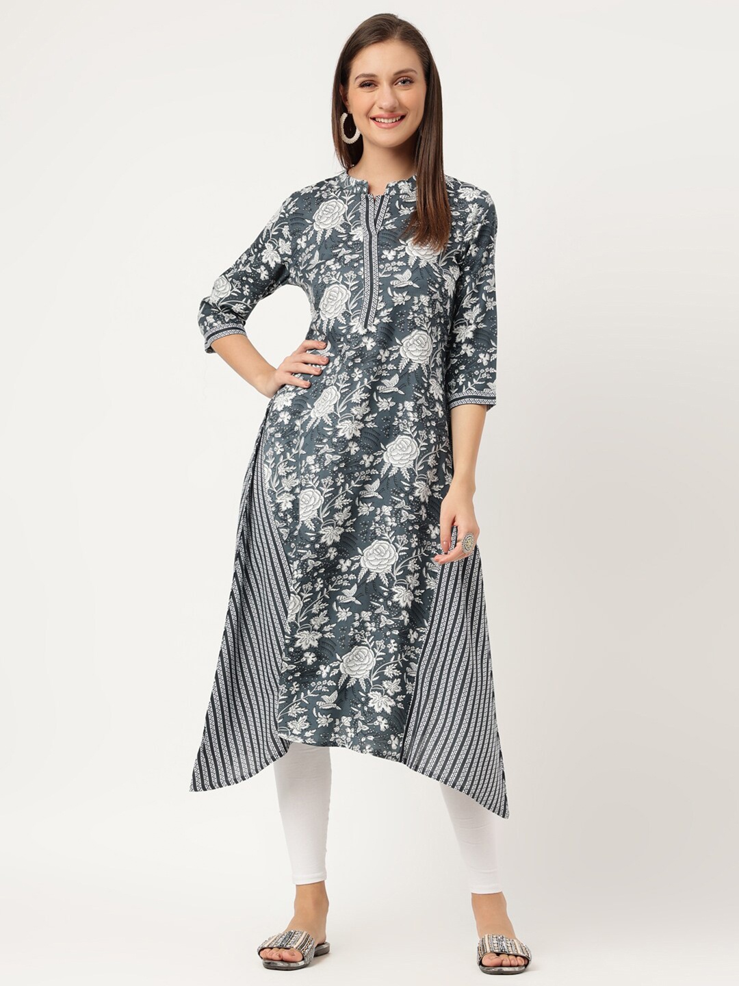 Rimeline Floral Printed Mandarin Collar Asymmetric A-Line Kurti, Grey