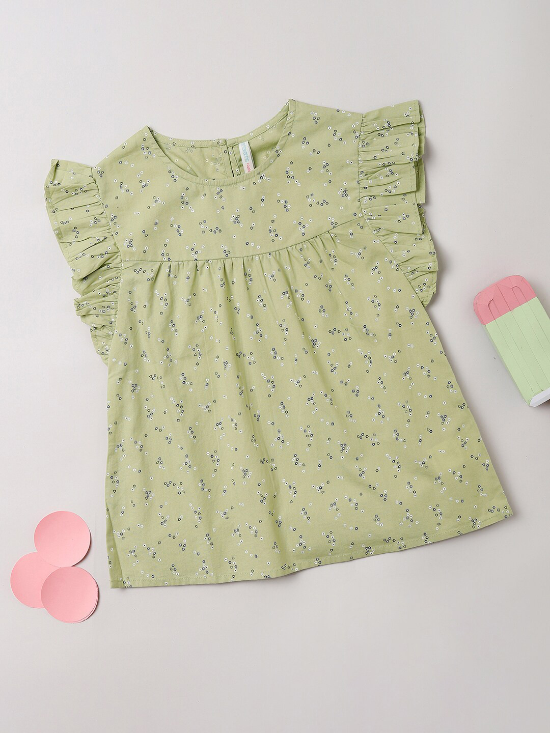 

Pantaloons Girls Floral Printed Flutter Sleeves Cotton Top, Green