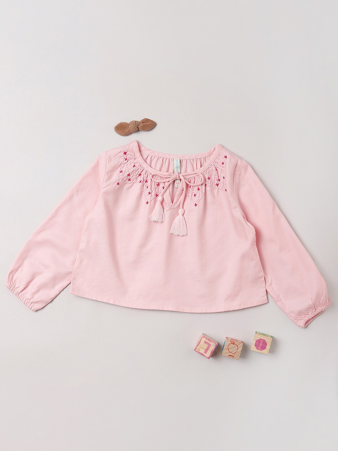 

Pantaloons Floral Embroidered Tie Up Neck Puff Sleeves Cotton Top, Pink