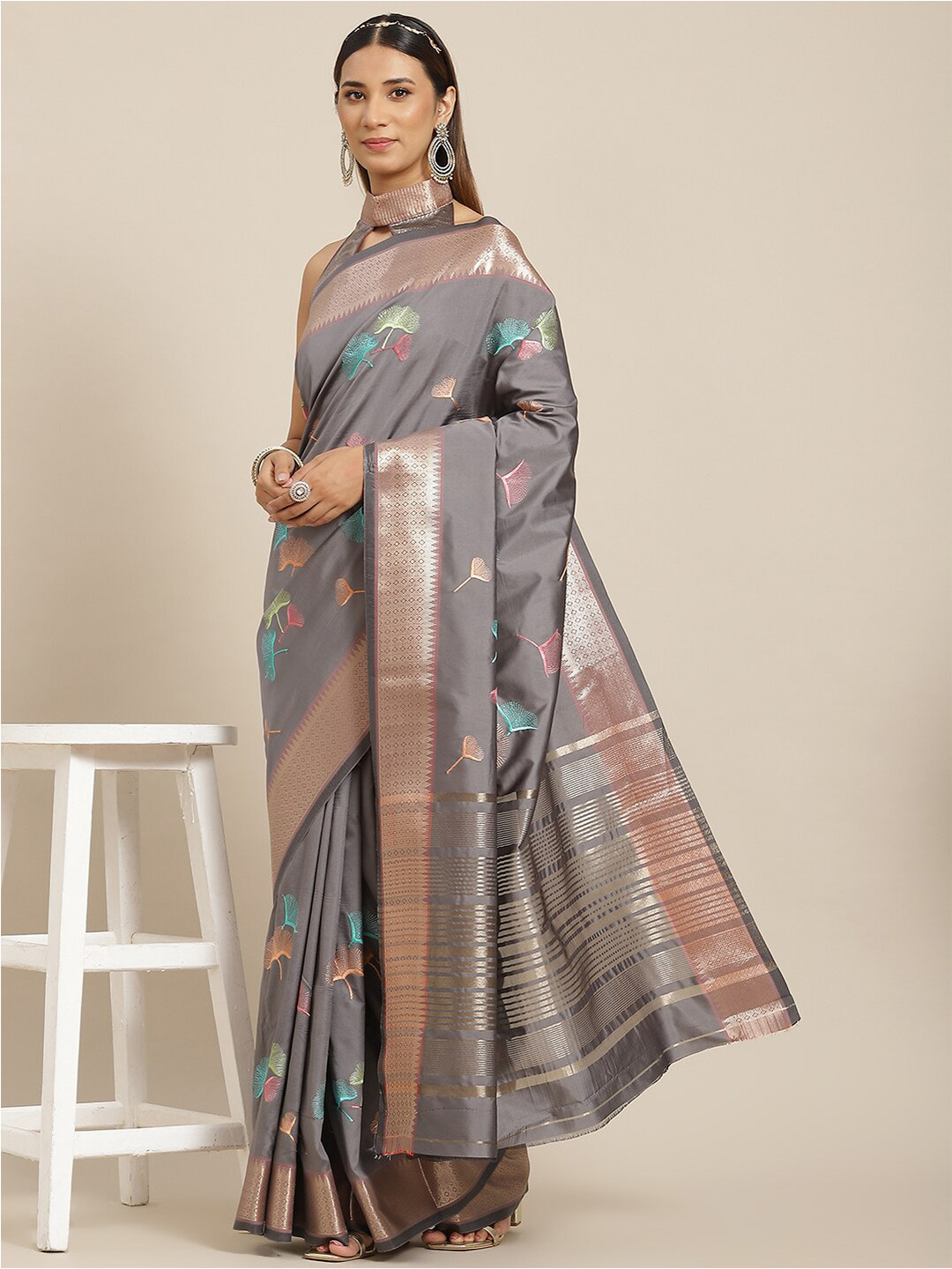 

Mitera Grey Embellished Embroidered Banarasi Saree