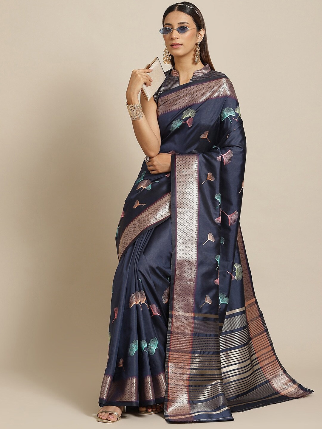 

Mitera Blue Floral Embroidered Banarasi Saree