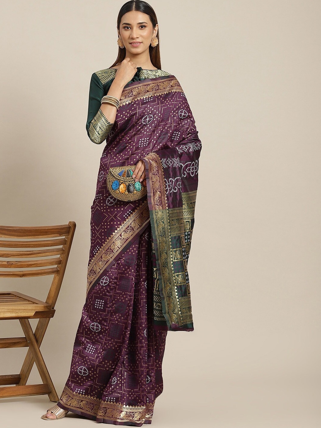 

Mitera Purple & Green Bandhani Woven Design Zari Silk Cotton Bandhani Saree