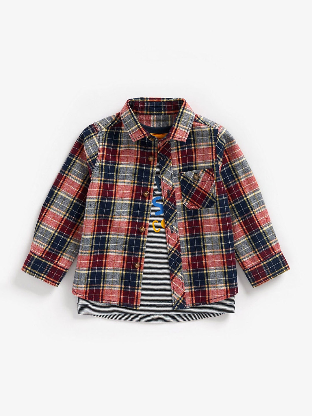 

mothercare Infants Boys Tartan Checks Opaque Pure Cotton Casual Shirt With T-Shirt, Grey