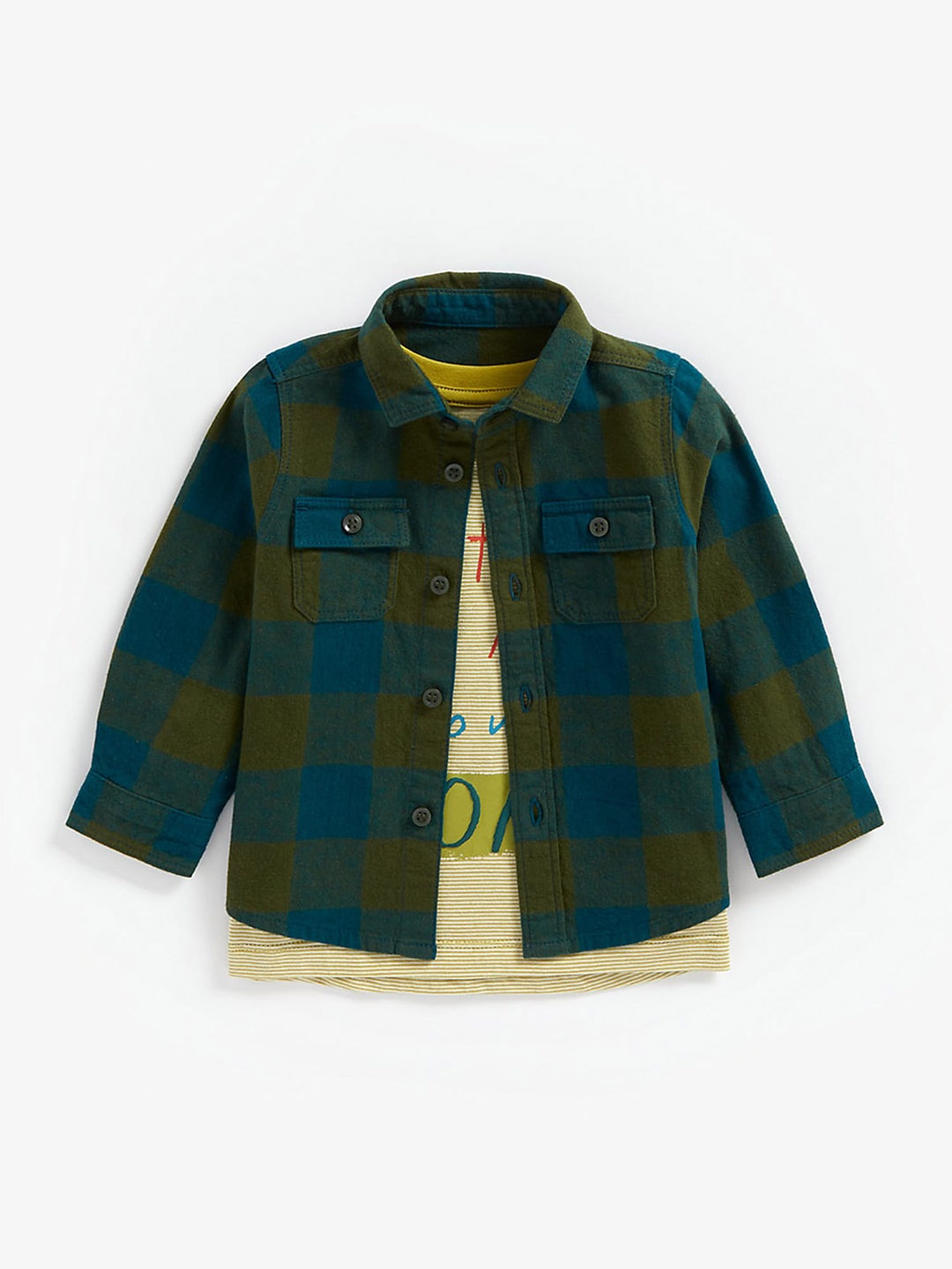 

mothercare Infants Boys Buffalo Checks Opaque Pure Cotton Casual Shirt With T-Shirt, Green