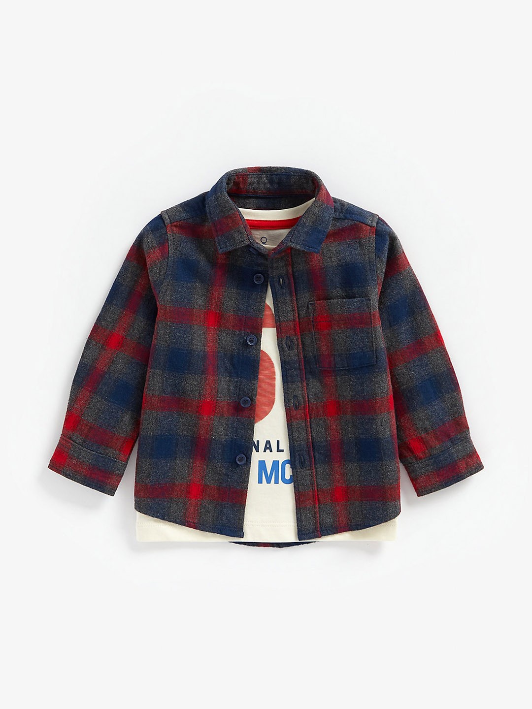 

mothercare Infants Boys Tartan Checks Opaque Pure Cotton Casual Shirt With T-Shirt, Grey