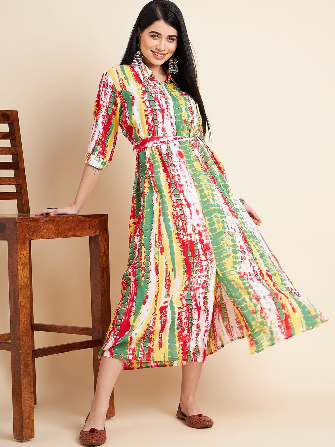 all about you Abstract Printed Shirt Collar Tie-Ups Detail A-Line Midi Dress, White