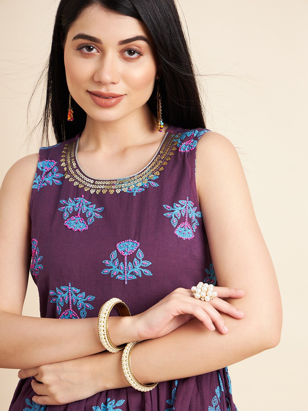 

all about you Floral Printed Sleeveless Cotton Anarkali Kurta, Purple
