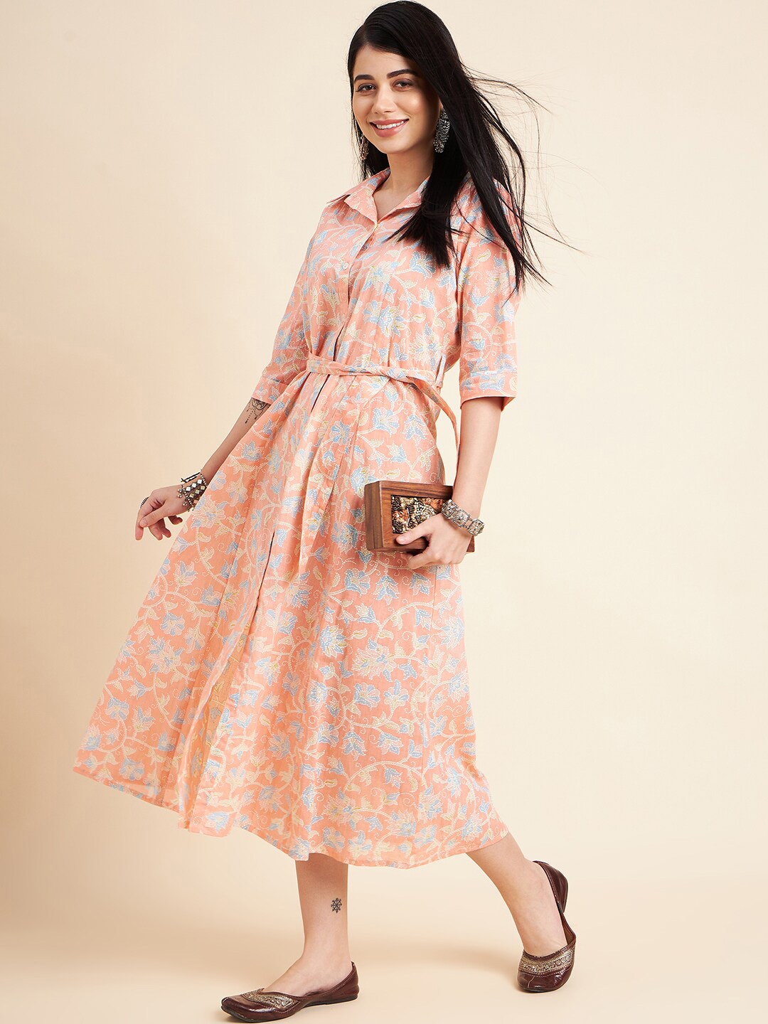 

all about you Floral Printed Shirt Collar Tie-Ups Detail A-Line Midi Dress, Peach