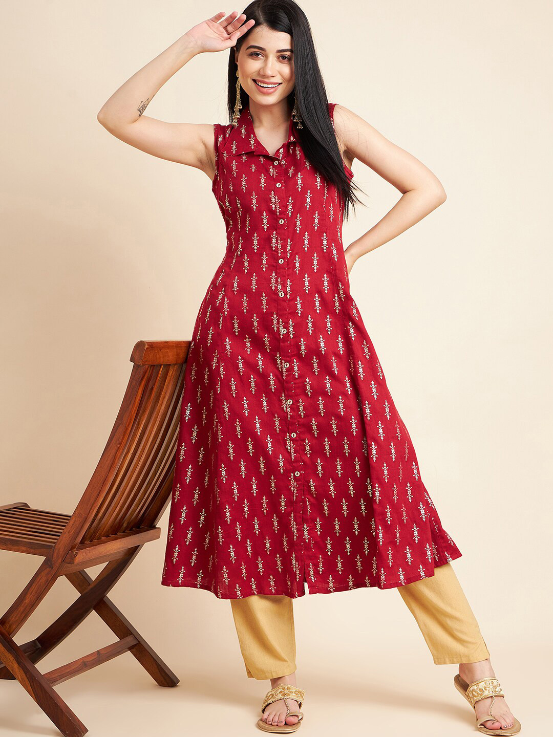

all about you Floral Printed Sleeveless Cotton A-Line Kurta, Maroon