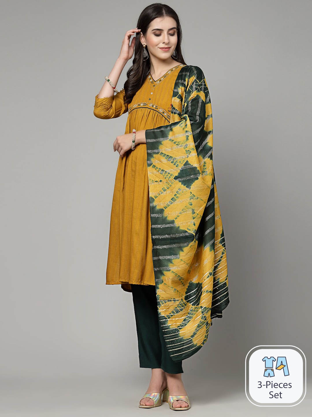 

KALINI Yellow Floral Empire Zardozi Kurta with Trousers & Dupatta, Mustard