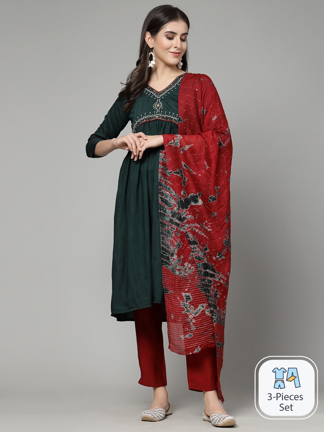 

KALINI Ethnic Motifs Empire Zardozi Kurta with Trousers & Dupatta, Green