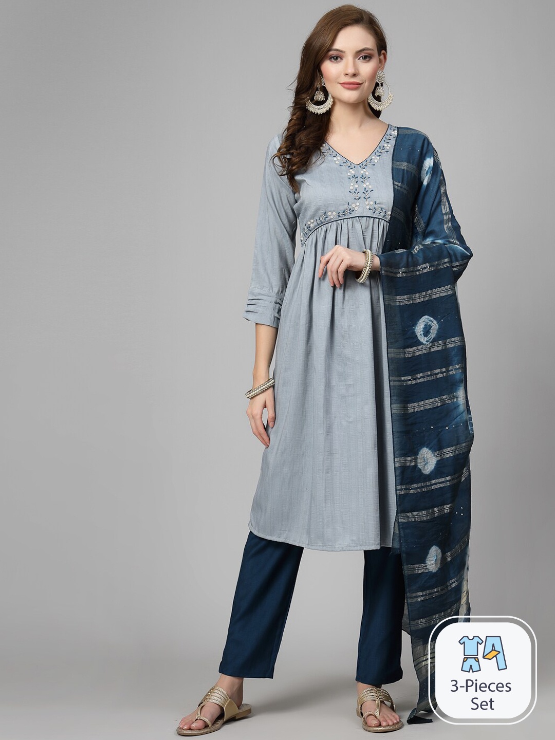 

KALINI Floral Yoke Design Empire Zardozi Kurta with Trousers & Dupatta, Blue