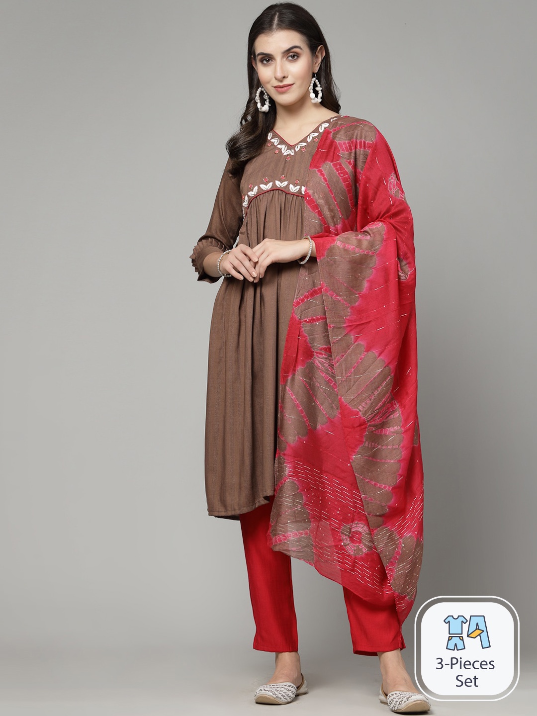 

KALINI Ethnic Motifs Embroidered Sequinned Empire Kurta With Trousers & Dupatta, Coffee brown