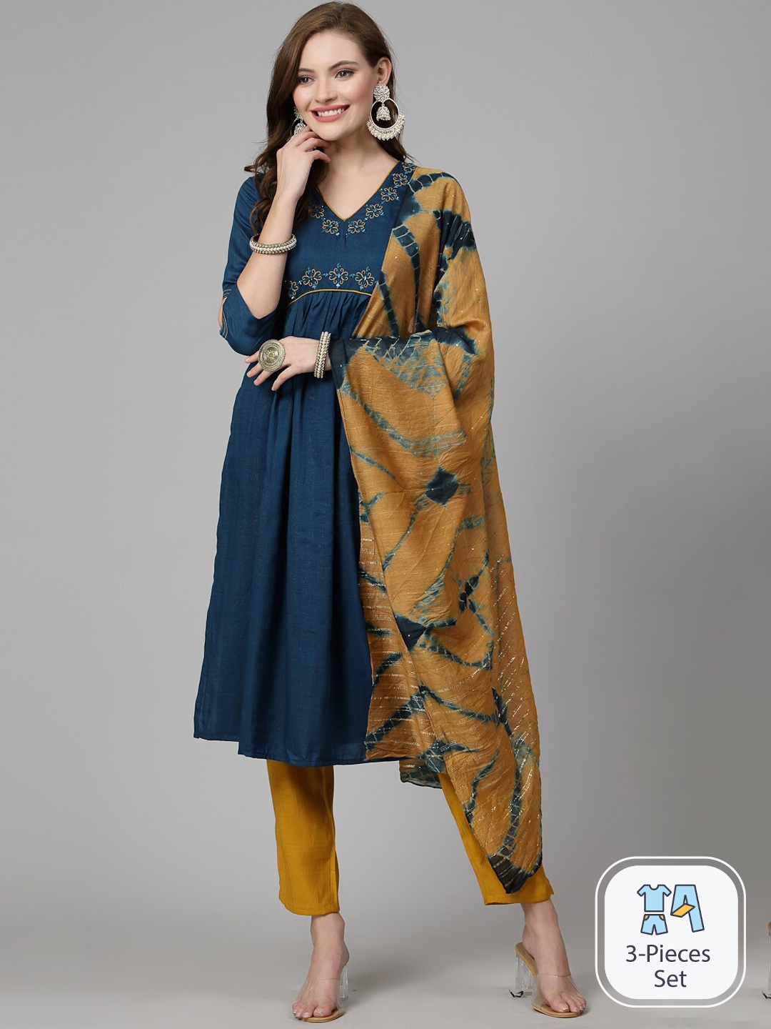 

KALINI Ethnic Motifs Yoke Design Empire Zardozi Kurta with Trousers & Dupatta, Blue