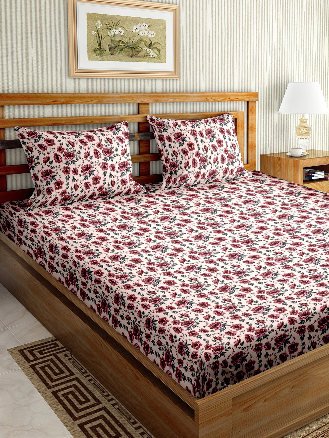 

BELLA CASA Beige & Red Floral Pure Cotton 220 TC King Fitted Bedsheet with 2 Pillow Covers