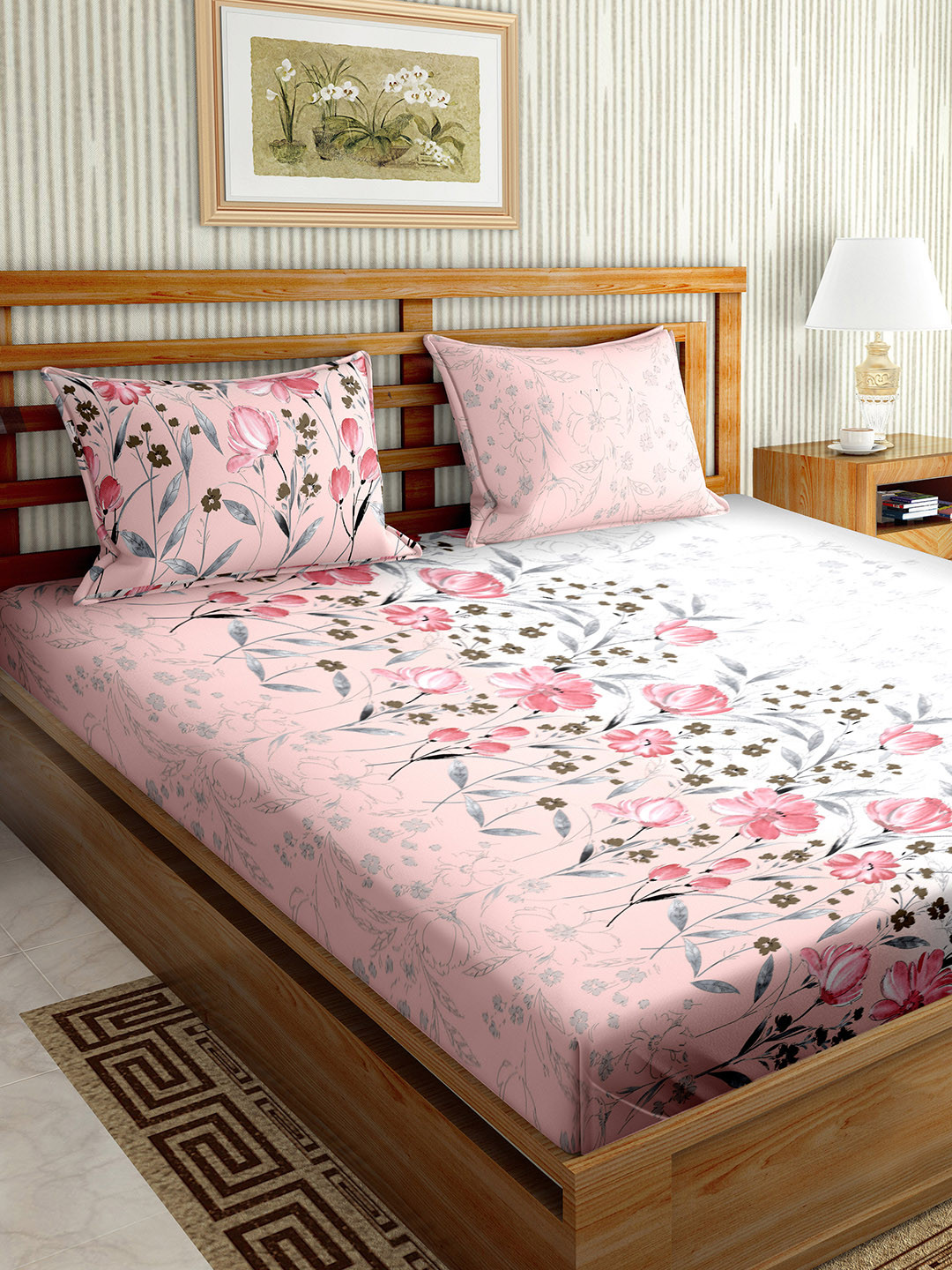 

BELLA CASA Pink & White Pure Cotton 220 TC Fitted King Bedsheet with 2 Pillow Covers