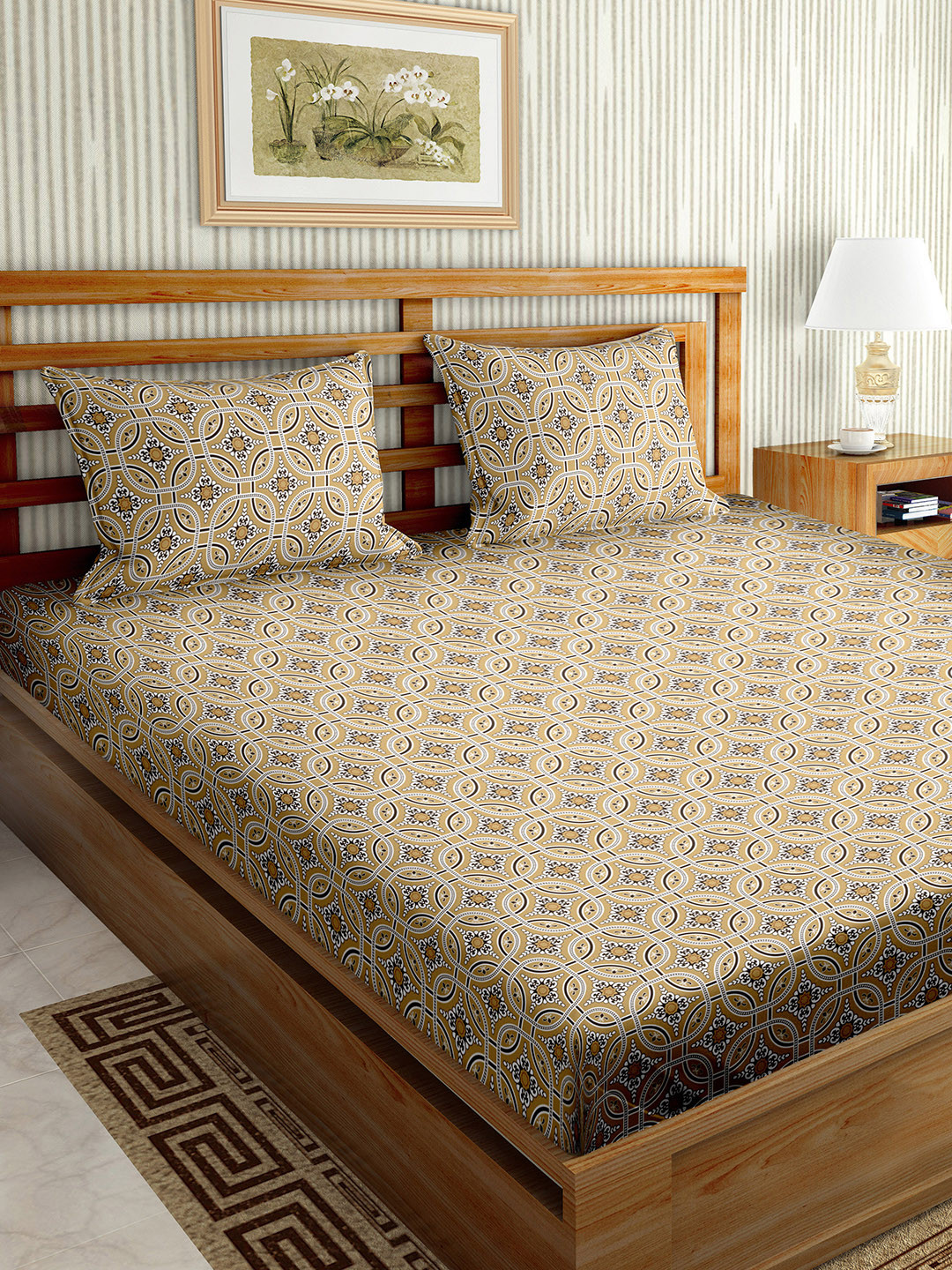 

BELLA CASA Brown Ethnic Motif Pure Cotton 220 TC Fitted King Bedsheet with 2 Pillow Covers