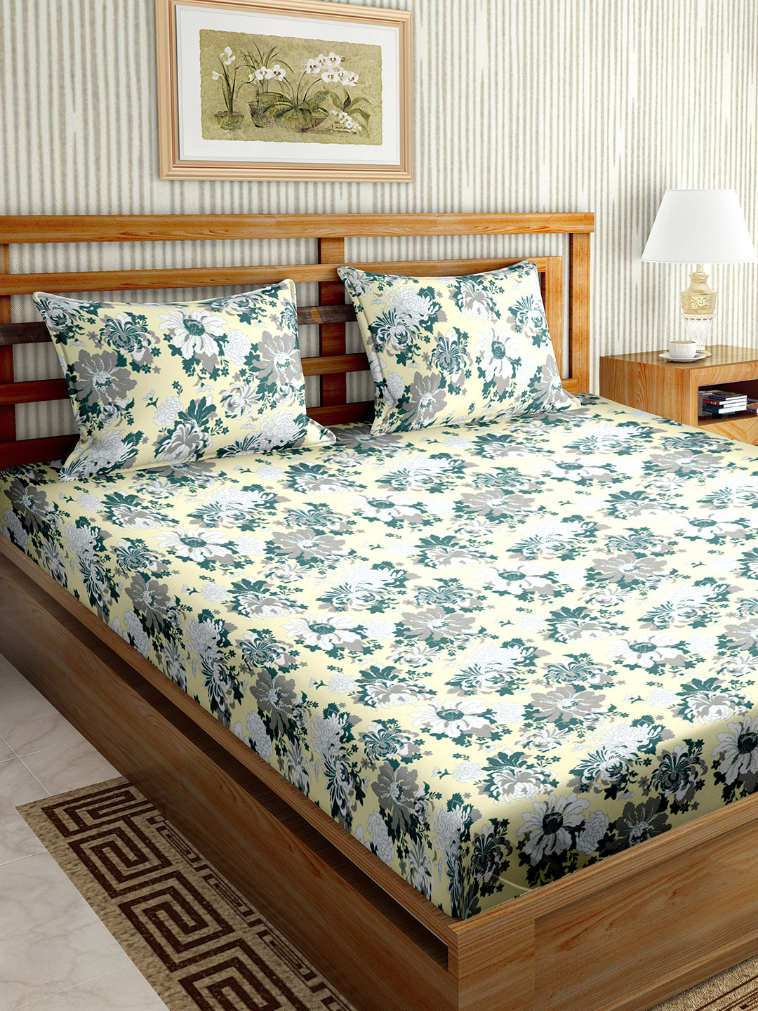 

BELLA CASA Yellow & Grey Pure Cotton 220 TC Fitted King Bedsheet with 2 Pillow Covers