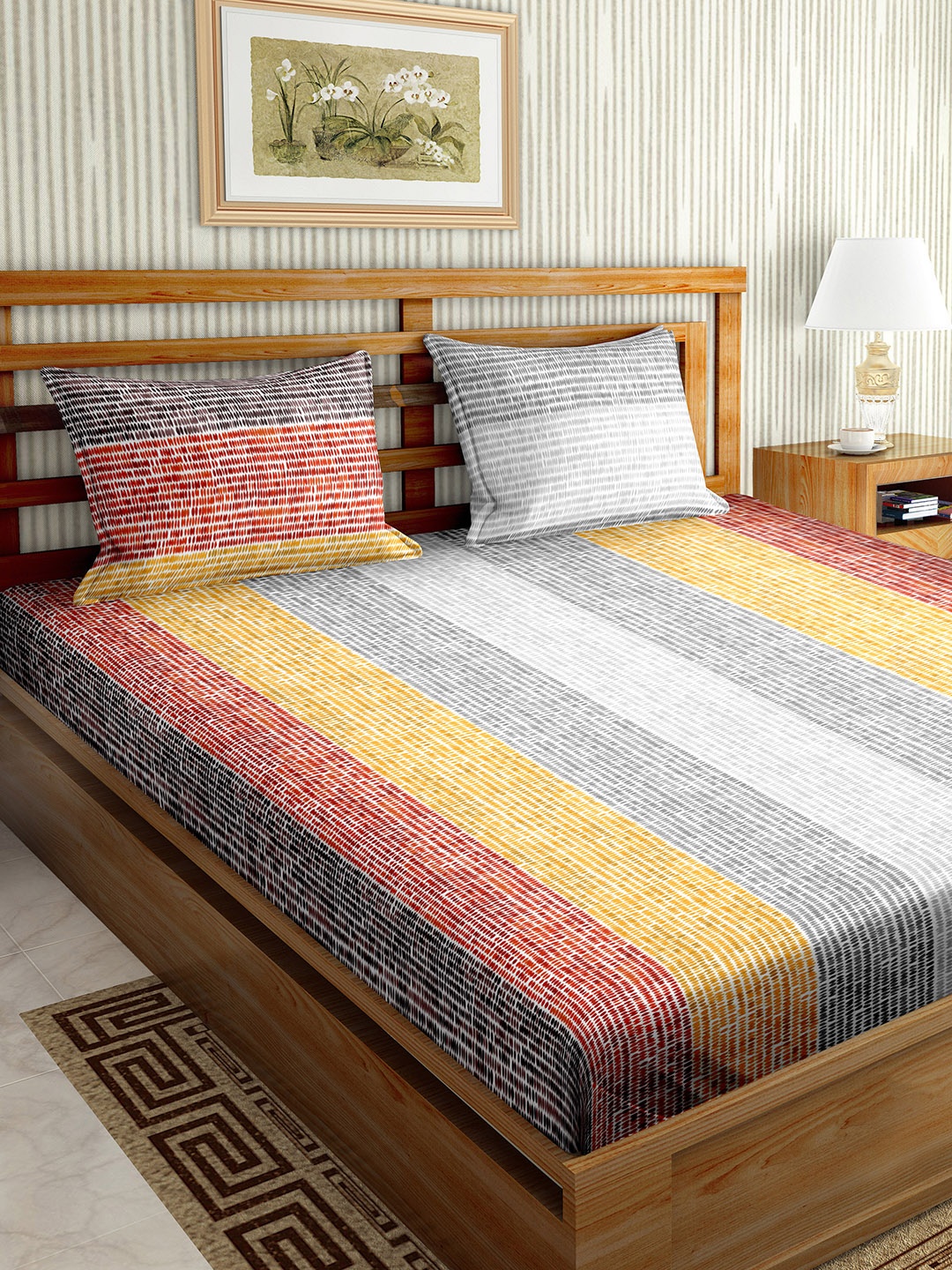 

BELLA CASA Scarlet White Printed Cotton 220 TC Fitted King Bedsheet & 2 Pillow Covers