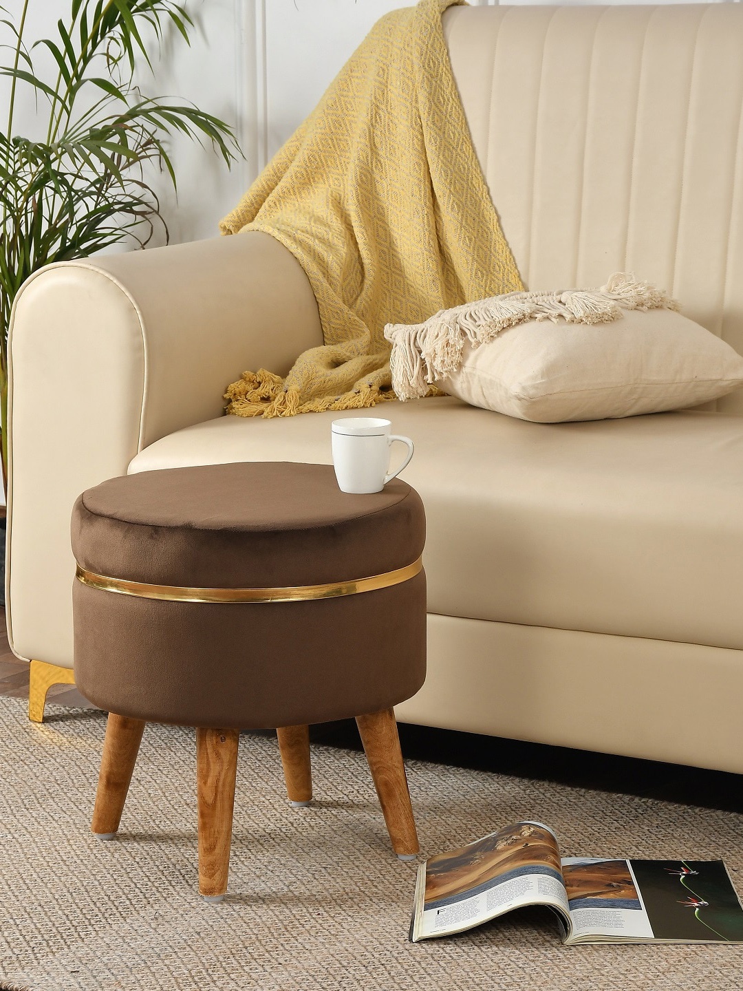 

Texstop Brown Velvet & Wooden Pouffy Stool Ottoman