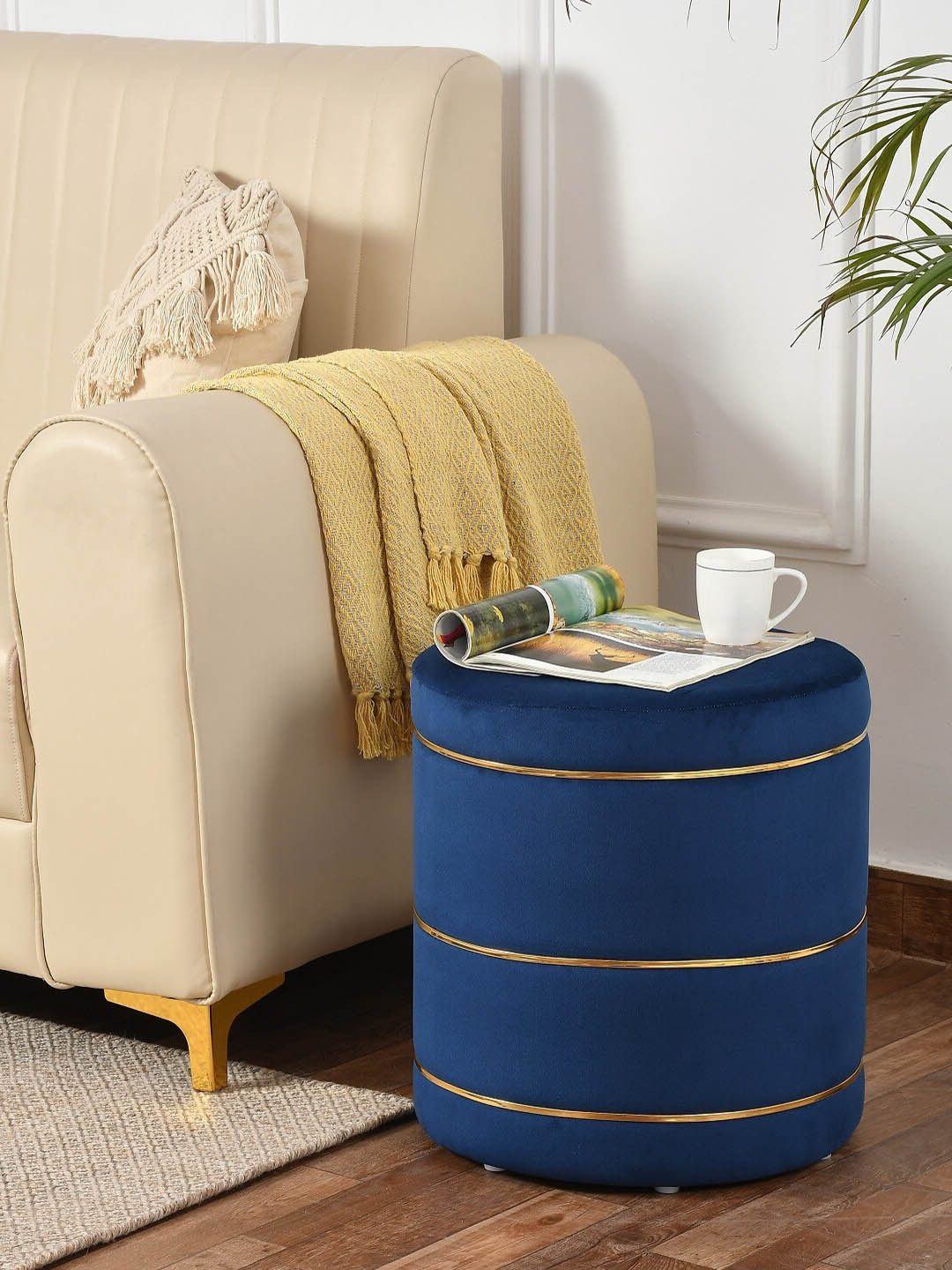 

Texstop Blue Velvet & Wooden Pouffy Stool Ottoman