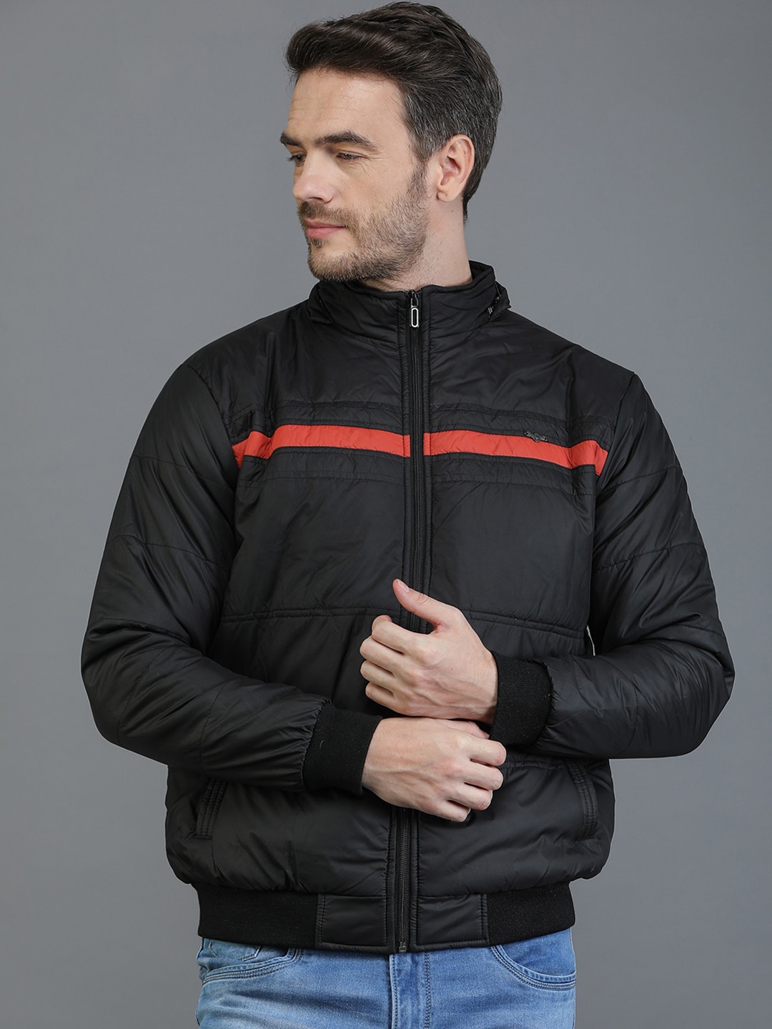 

TQS Men Striped Windcheater And Water Resistant Bomber Jacket, Black