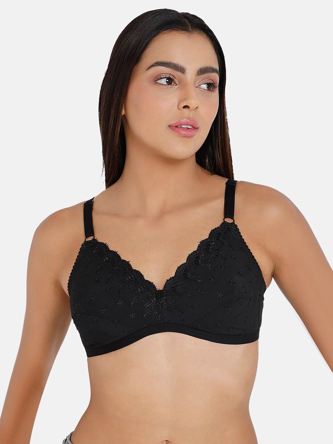 

NAIDU HALL Floral Cotton Medium Coverage Non Padded Everyday Bra With All Day Comfort, Black